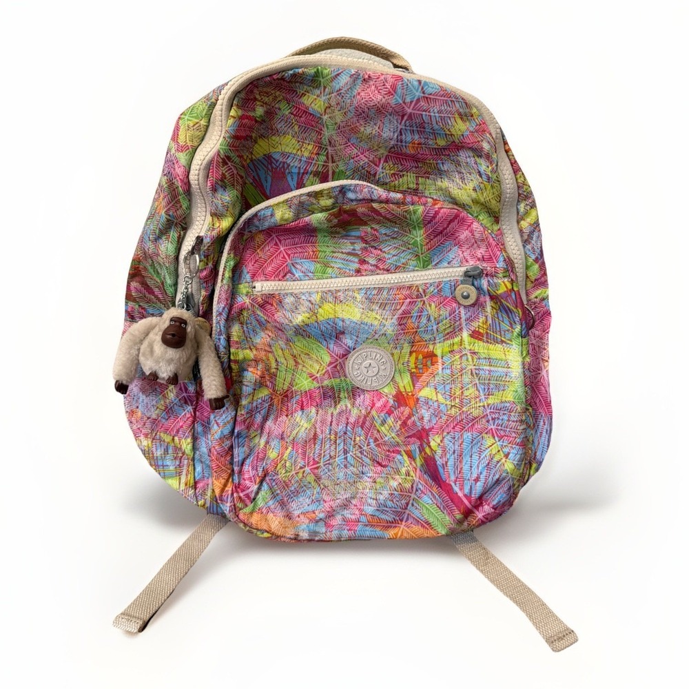 Kipling Vibrant Rainbow Leaf Tropical Backpack Orangutan Keychain